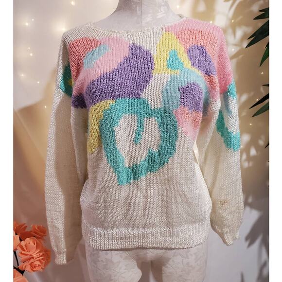 Ginenne VTG 80s Wool Angora Blend Pastel Knit Sweater Womens Size M Crew Neck - Picture 1 of 9